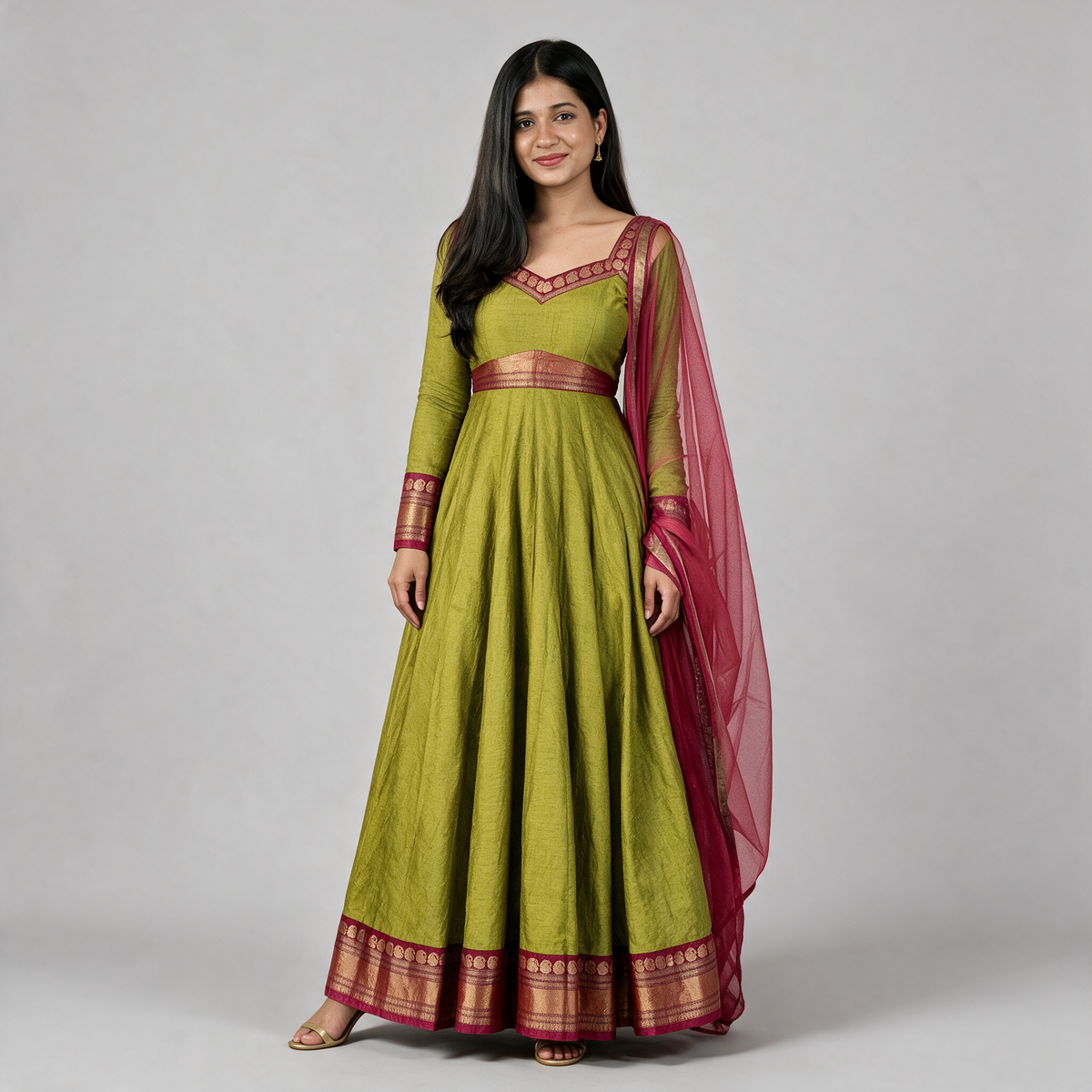 Women's Brocade Panel Anarkali Gown with Dupatta - Olive