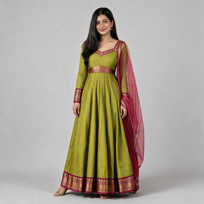 Women's Brocade Panel Anarkali Gown with Dupatta - Olive
