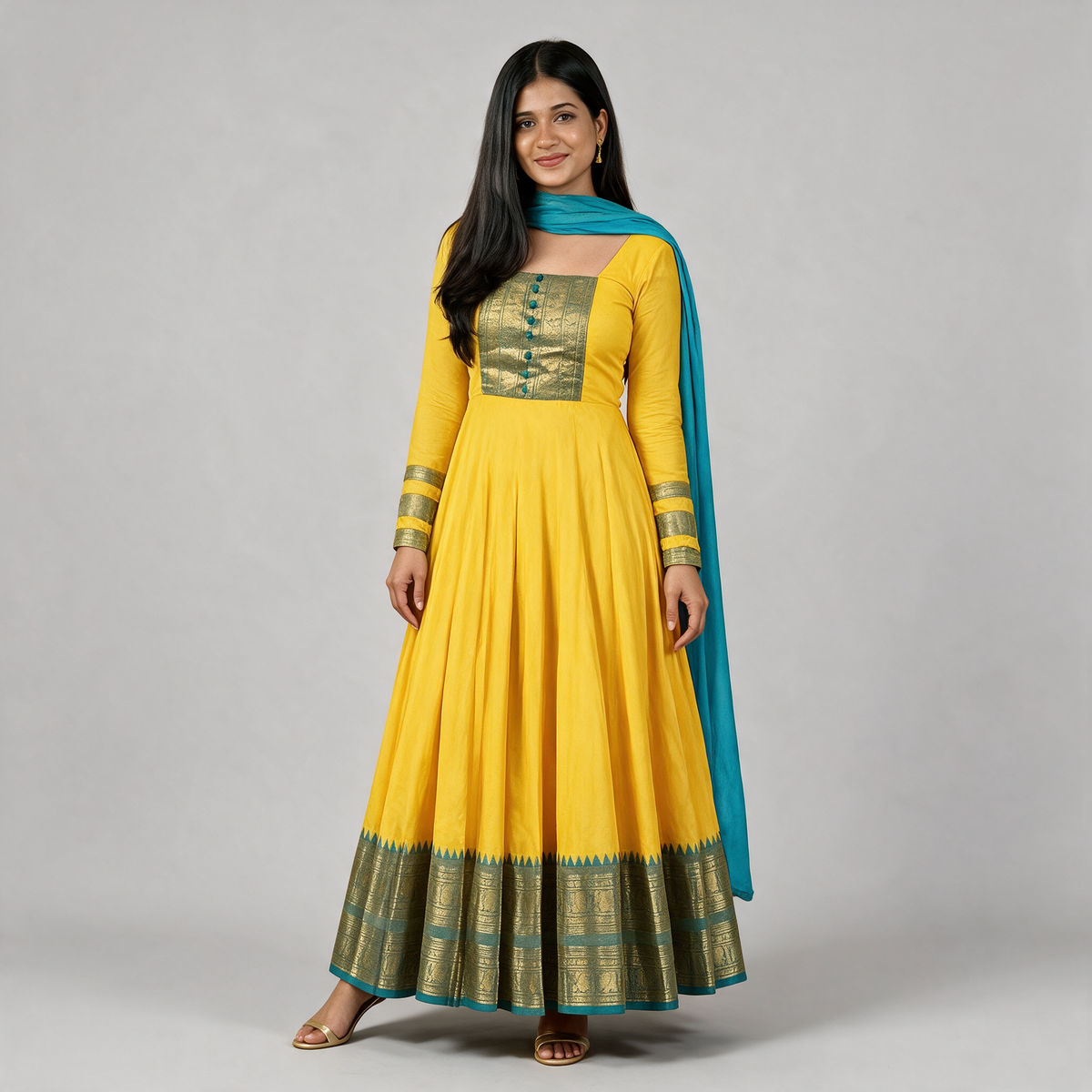 Women's Brocade Panel Anarkali Gown with Dupatta - Yellow