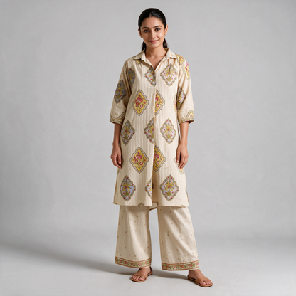 Women's Heritage Print Shirt Collar Kurta Set - Beige