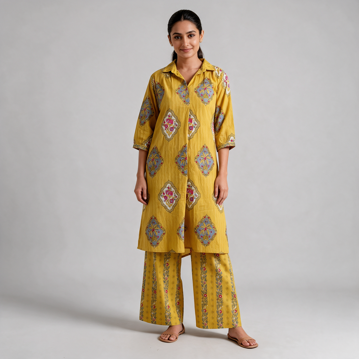 Women's Heritage Print Shirt Collar Kurta Set - Mustard