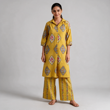 Women's Heritage Print Shirt Collar Kurta Set - Mustard