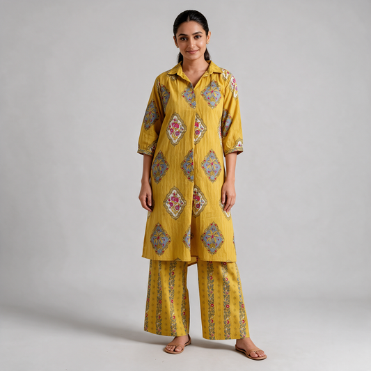 Women's Heritage Print Shirt Collar Kurta Set - Mustard