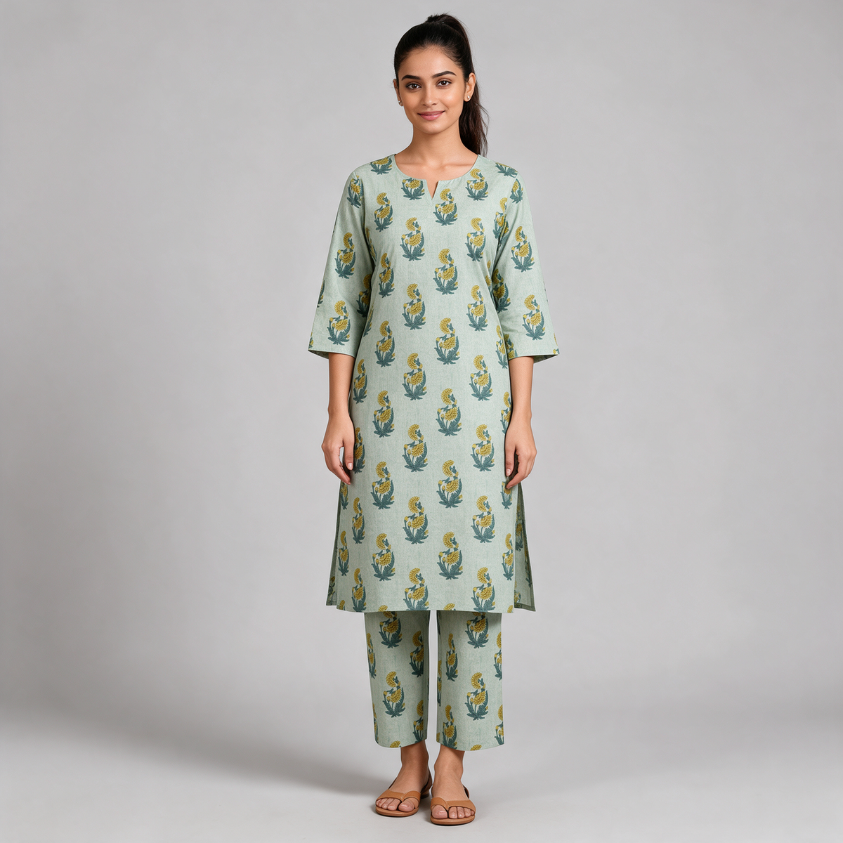 Women's Floral Buta Print Kurta Set - Green