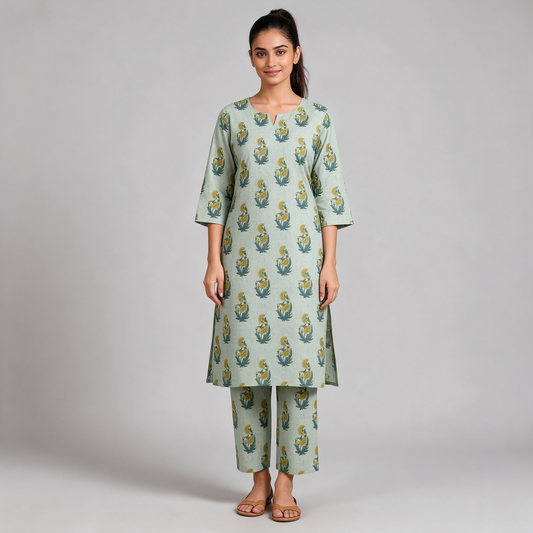 Women's Floral Buta Print Kurta Set - Green