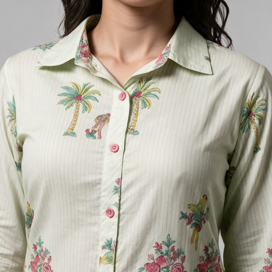 Women's Palm Print Shirt Kurta Set - Collar