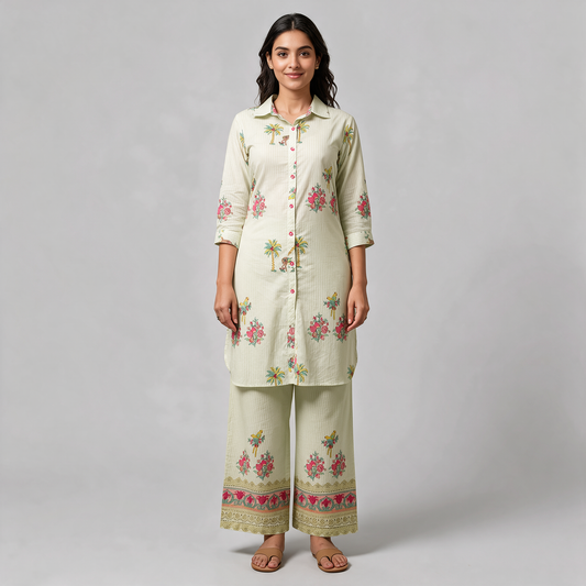 Women's Palm Print Shirt Kurta Set - Light Green