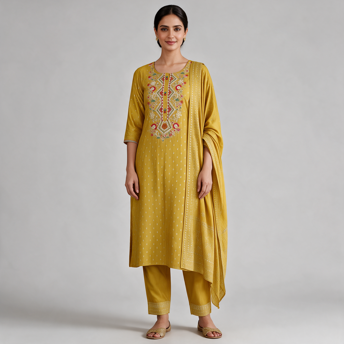 Women's Embroidered Kurta Set with Dupatta - Mustard