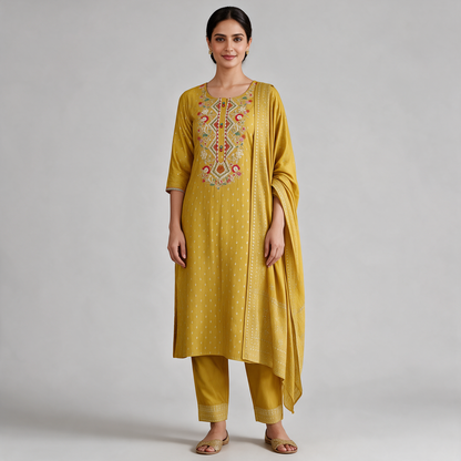 Women's Embroidered Kurta Set with Dupatta - Mustard
