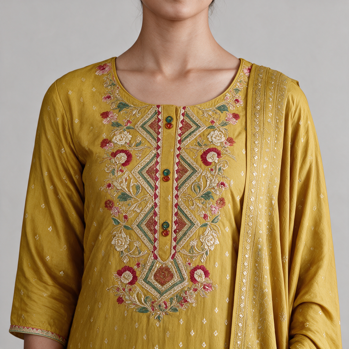 Women's Embroidered Kurta Set with Dupatta - Neckline