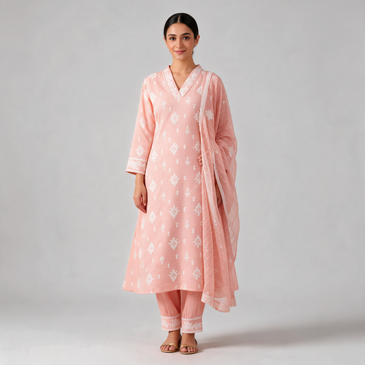 Women's Blossom Anarkali Kurta Set with Dupatta - Peach