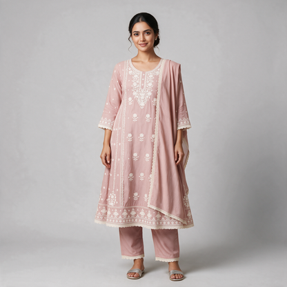 Women's Chikankari Embroidered 3-Piece Kurta Set with Dupatta - Dusty Pink