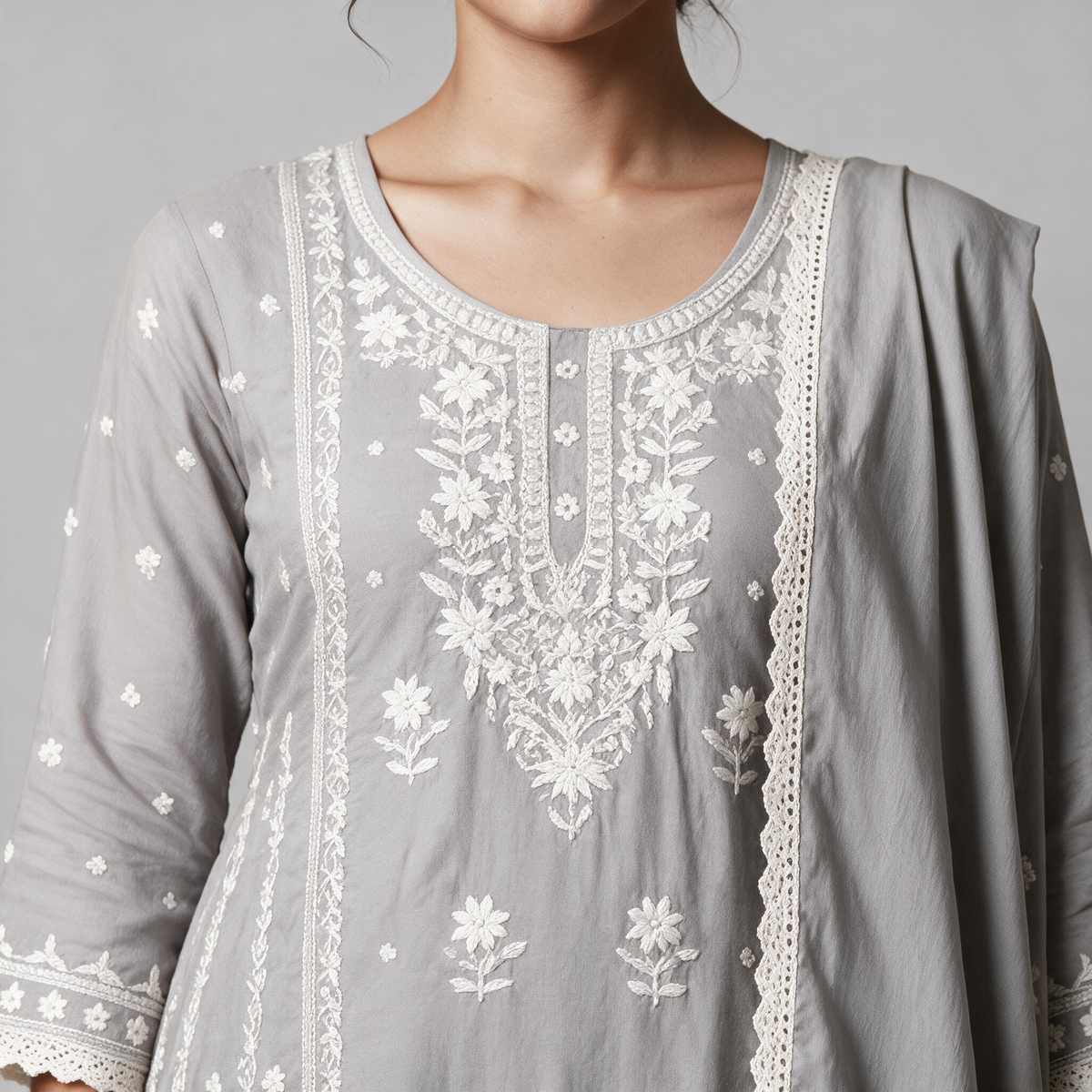 Women's Chikankari Embroidered 3-Piece Kurta Set with Dupatta - Embroidery