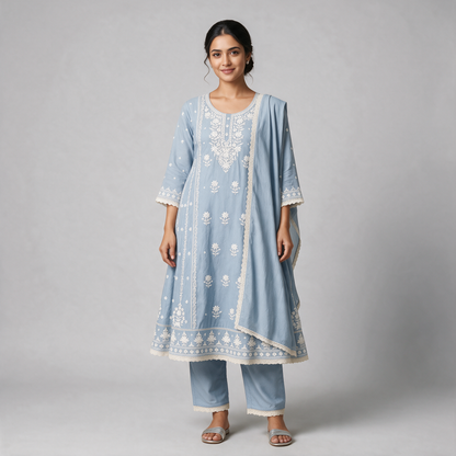 Women's Chikankari Embroidered 3-Piece Kurta Set with Dupatta - Light Blue