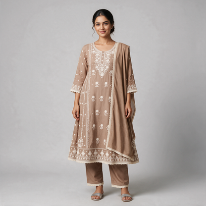 Women's Chikankari Embroidered 3-Piece Kurta Set with Dupatta - Light Brown