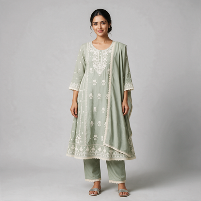 Women's Chikankari Embroidered 3-Piece Kurta Set with Dupatta - Light Green