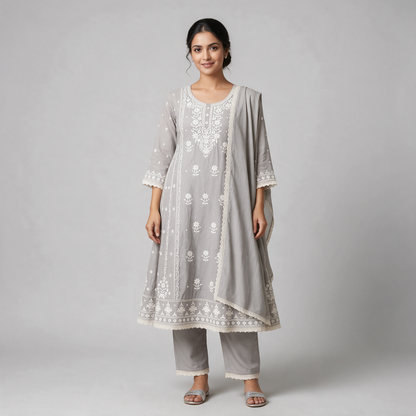 Women's Chikankari Embroidered 3-Piece Kurta Set with Dupatta - Light Grey