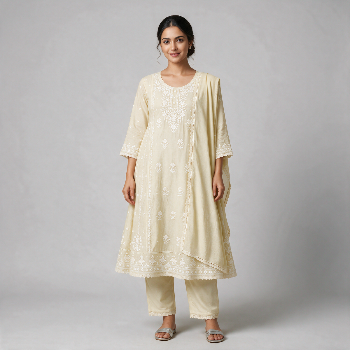 Women's Chikankari Embroidered 3-Piece Kurta Set with Dupatta - Light Yellow