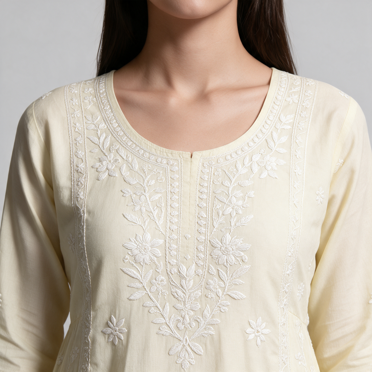 Women's Chikankari Embroidered 3-Piece Kurta Set with Dupatta - Neckline