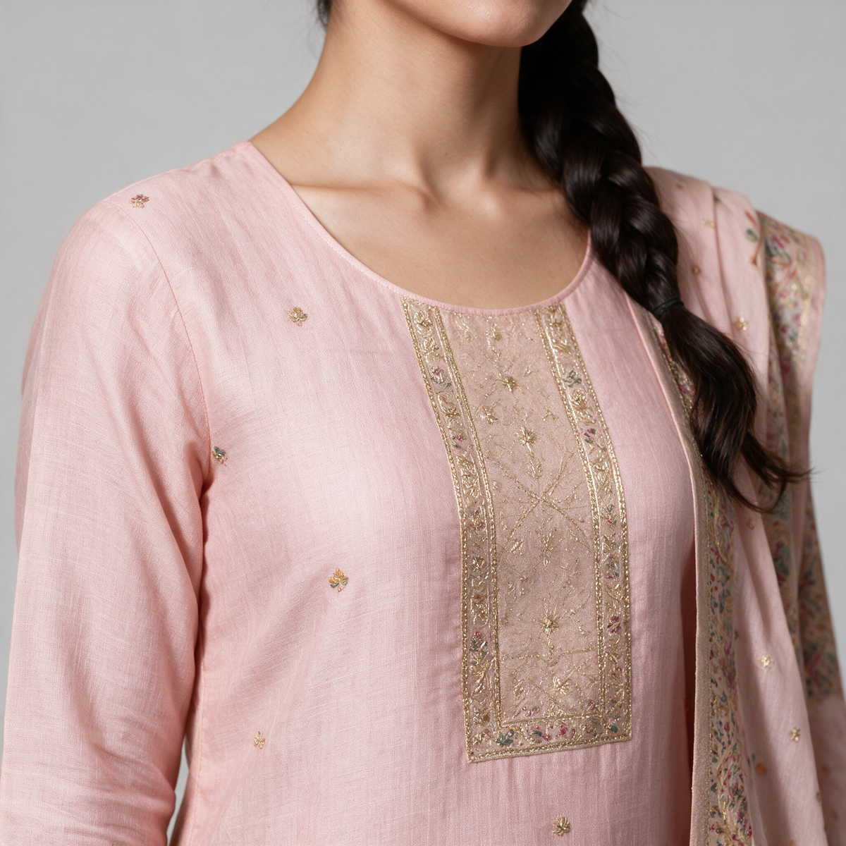 Women's Linen Embroidered Kurta Set with Dupatta - Embroidery