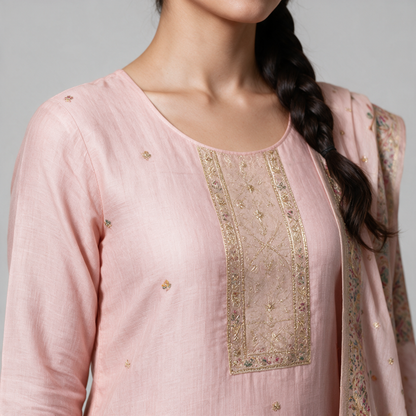 Women's Linen Embroidered Kurta Set with Dupatta - Embroidery