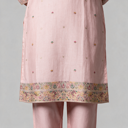 Women's Linen Embroidered Kurta Set with Dupatta - Hem