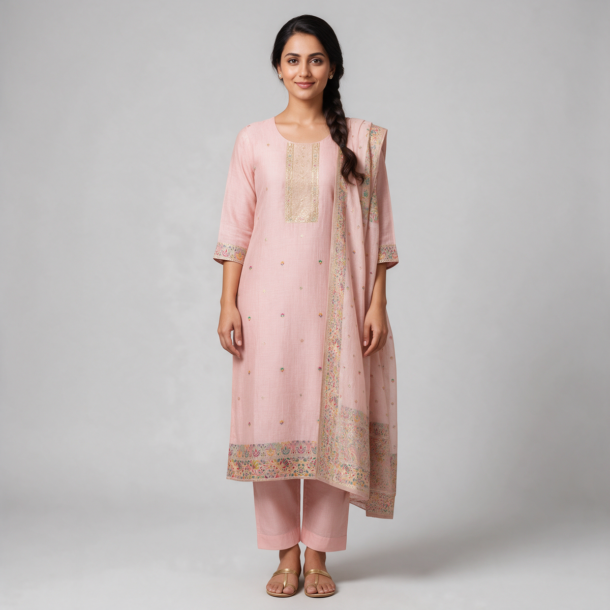 Women's Linen Embroidered Kurta Set with Dupatta - Pale Pink