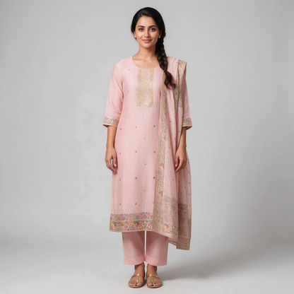 Women's Linen Embroidered Kurta Set with Dupatta - Pale Pink