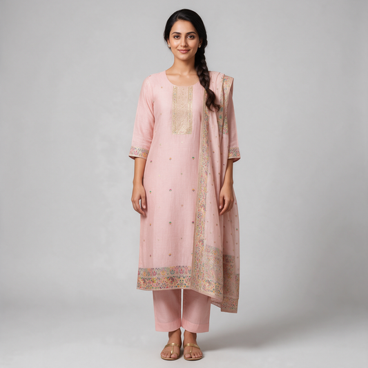 Women's Linen Embroidered Kurta Set with Dupatta - Pale Pink