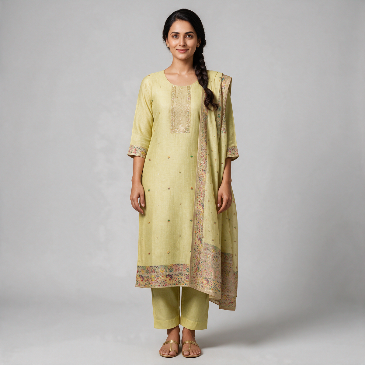 Women's Linen Embroidered Kurta Set with Dupatta - Pista