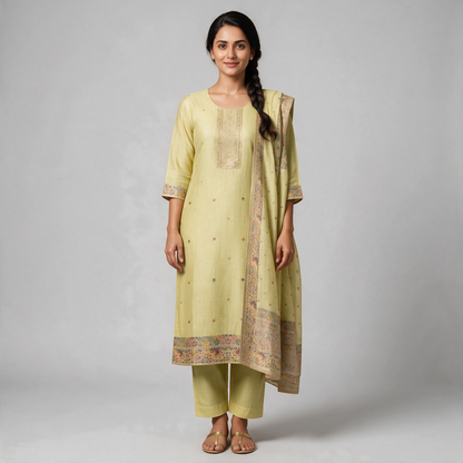 Women's Linen Embroidered Kurta Set with Dupatta - Pista