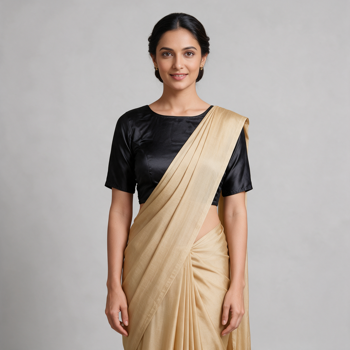 Women's Satin Saree Blouse with Elbow Sleeves (Blouse Only) - Black