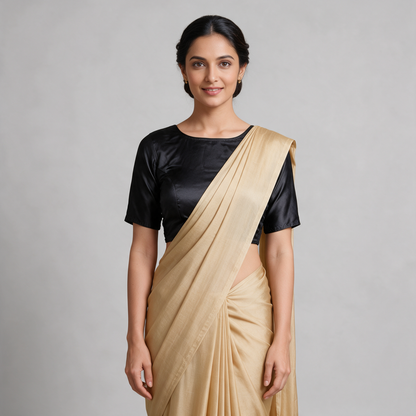 Women's Satin Saree Blouse with Elbow Sleeves (Blouse Only) - Black