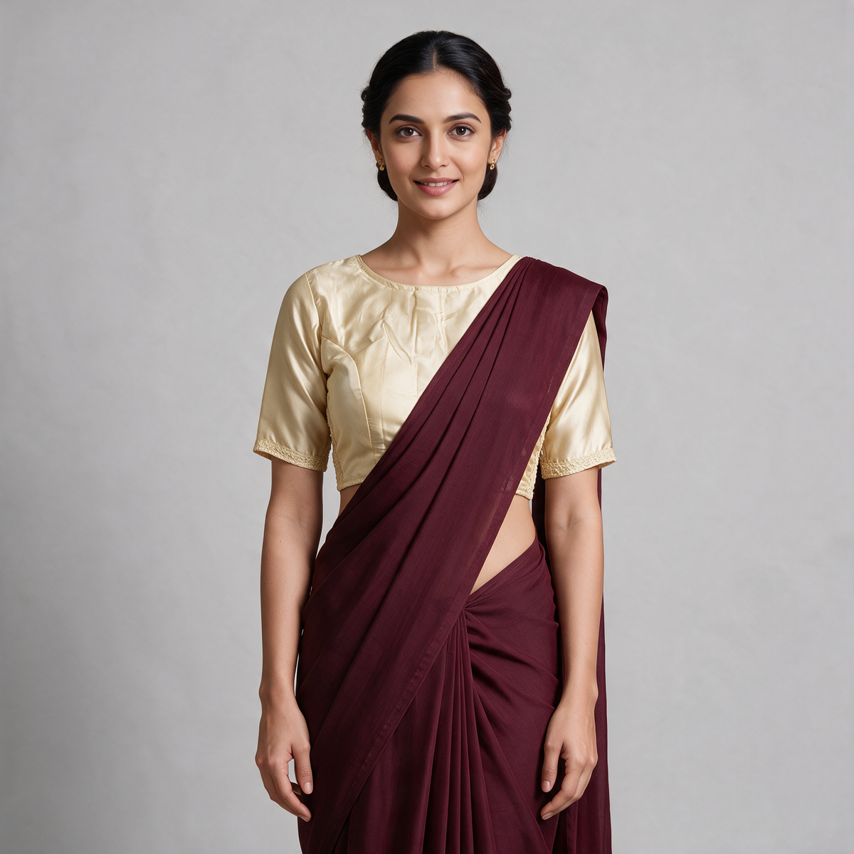 Women's Satin Saree Blouse with Elbow Sleeves (Blouse Only) - Cream
