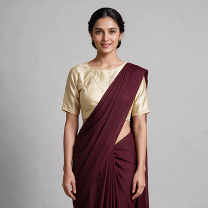 Women's Satin Saree Blouse with Elbow Sleeves (Blouse Only) - Cream