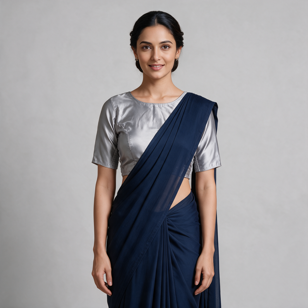 Women's Satin Saree Blouse with Elbow Sleeves (Blouse Only) - Grey