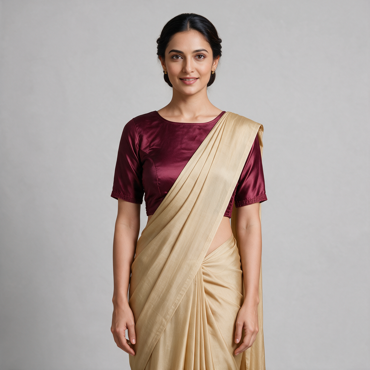 Women's Satin Saree Blouse with Elbow Sleeves (Blouse Only) - Maroon