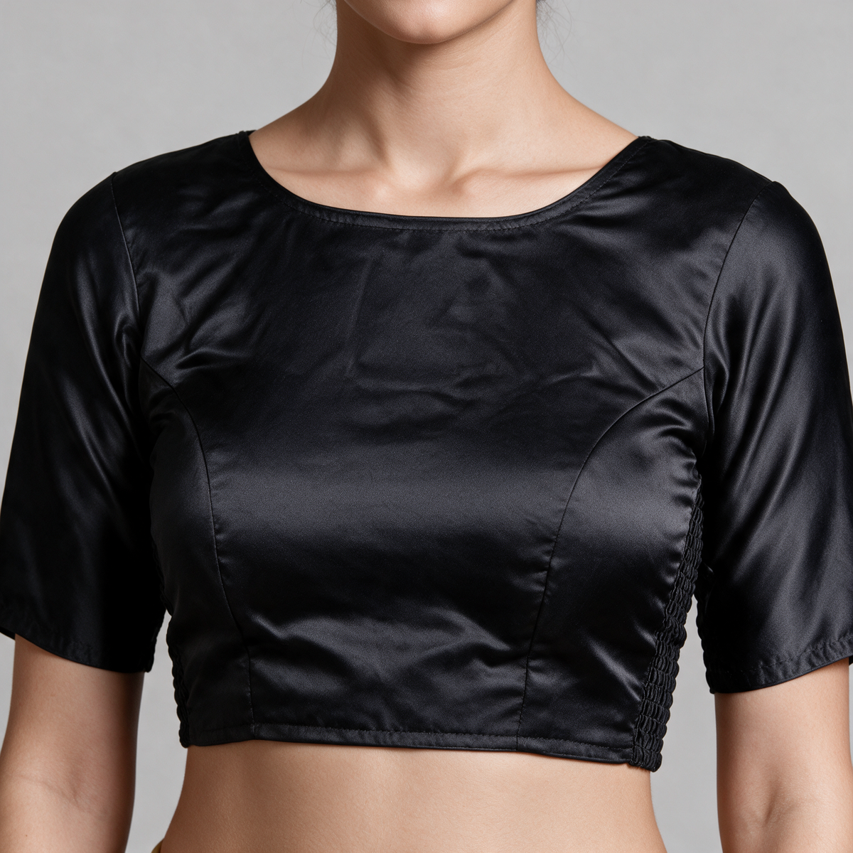 Women's Satin Saree Blouse with Elbow Sleeves (Blouse Only) - Neckline
