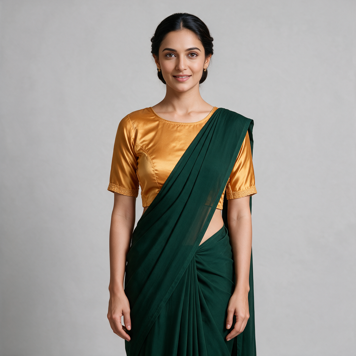Women's Satin Saree Blouse with Elbow Sleeves (Blouse Only) - Orange