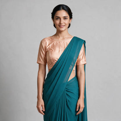 Women's Satin Saree Blouse with Elbow Sleeves (Blouse Only) - Peach
