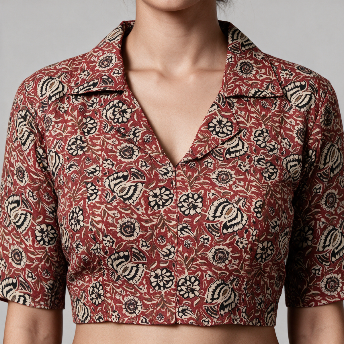 Women's Kalamkari Print Collared Saree Blouse (Blouse Only) - Collar