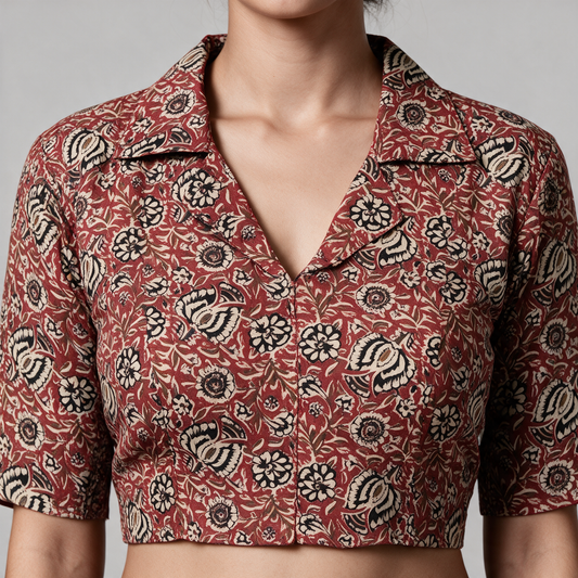 Women's Kalamkari Print Collared Saree Blouse (Blouse Only) - Collar