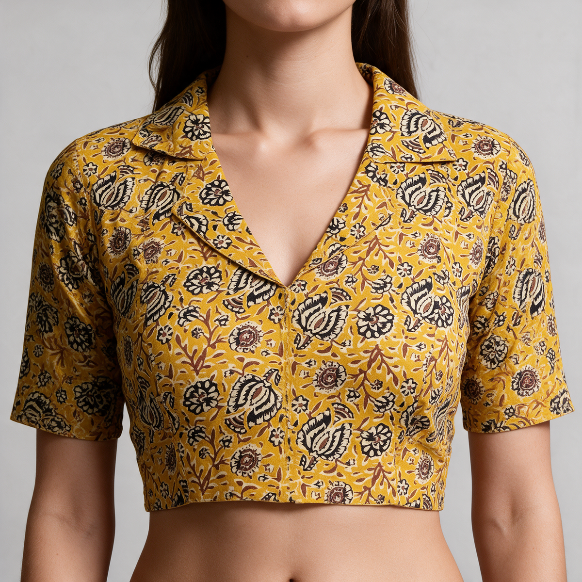 Women's Kalamkari Print Collared Saree Blouse (Blouse Only) - Collar