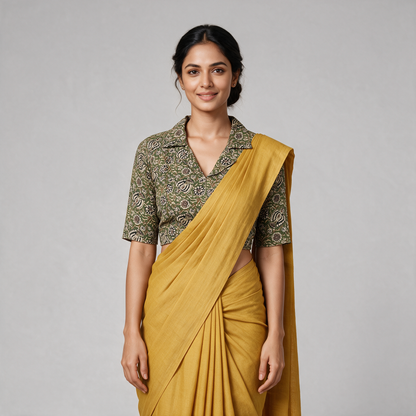 Women's Kalamkari Print Collared Saree Blouse (Blouse Only) - Green