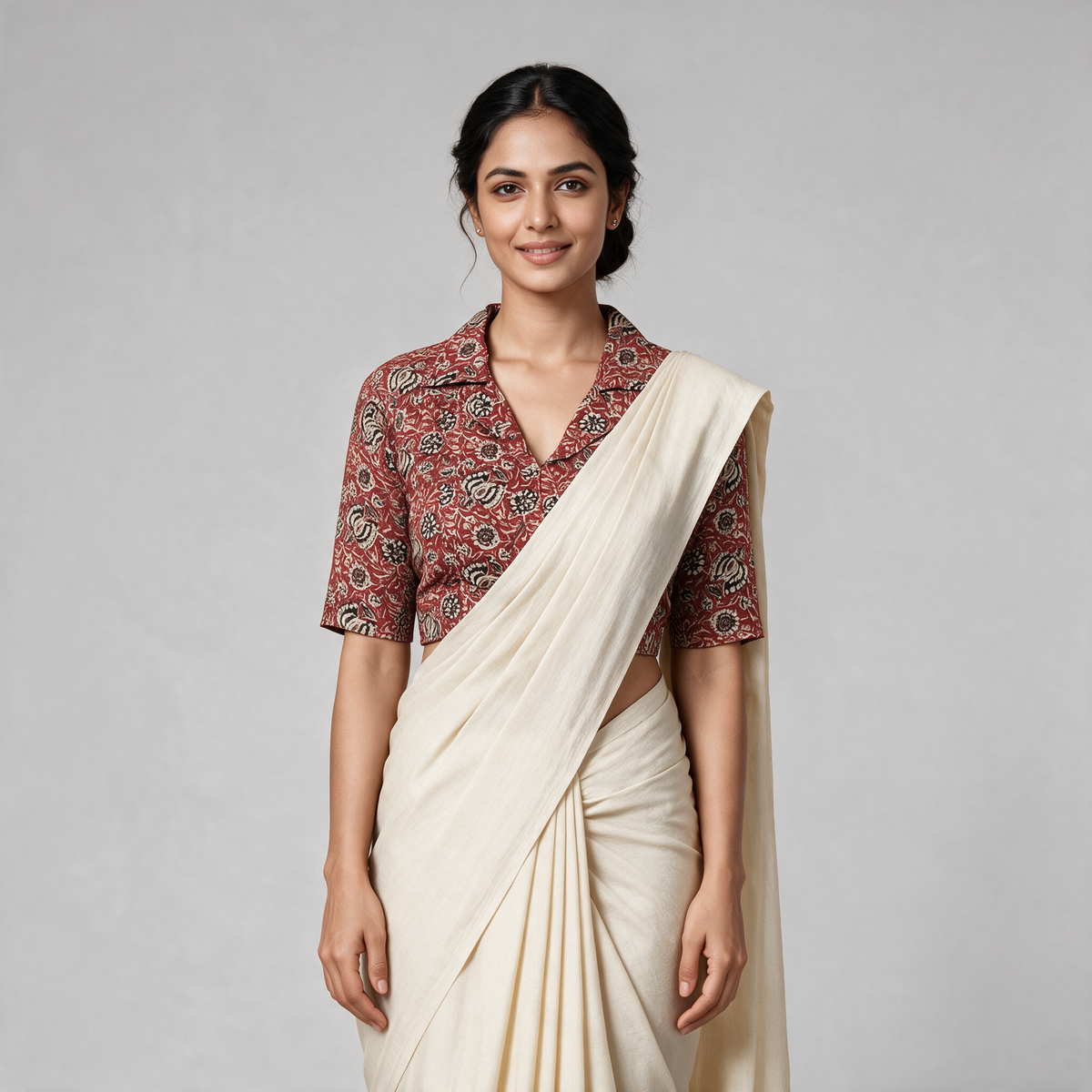 Women's Kalamkari Print Collared Saree Blouse (Blouse Only) - Maroon