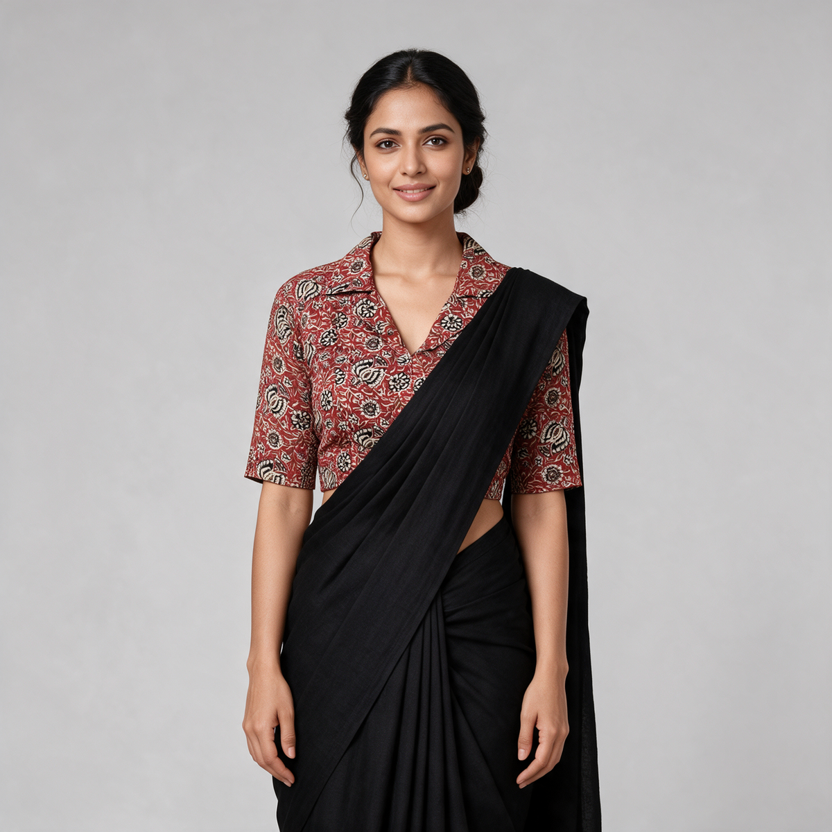 Women's Kalamkari Print Collared Saree Blouse (Blouse Only) - Red