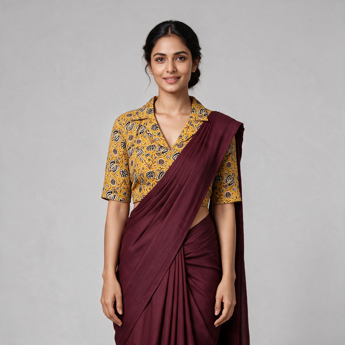 Women's Kalamkari Print Collared Saree Blouse (Blouse Only) - Yellow