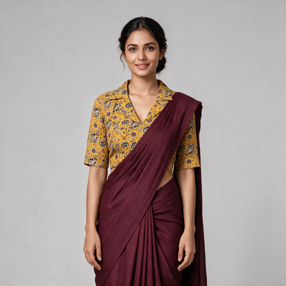 Women's Kalamkari Print Collared Saree Blouse (Blouse Only) - Yellow
