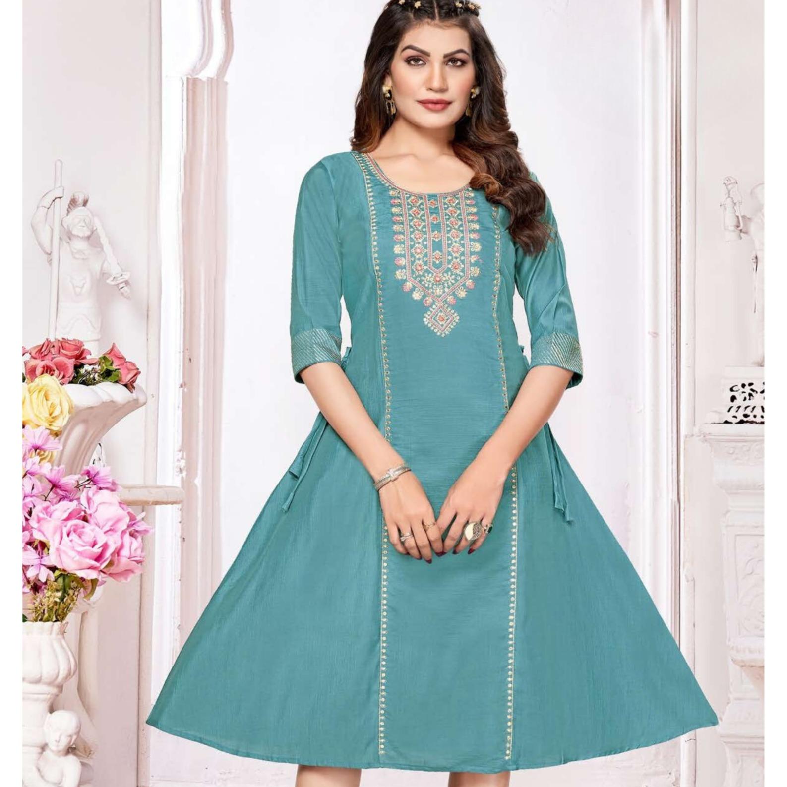 Anita Slub Print with Embroidery Kurti Top