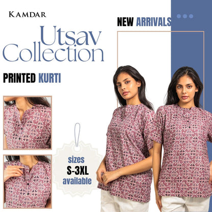KAMDAR Printed Kurti/Top With Mandarin Collar 3 Button for Women (M-3XL) Plus Sizes Gaya Kasual Lengan Trendy &amp; Selesa Kurti Murah